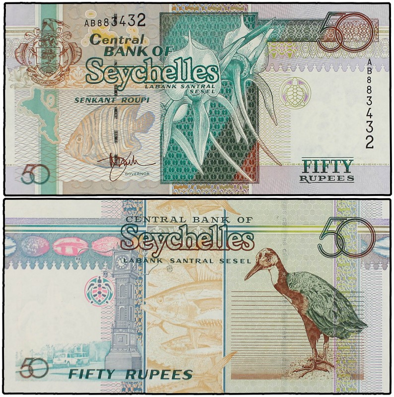 Lote 2 billetes 50 Rupias. (1998 y 2004). SEYCHELLES. Pez y orquídea. El de 2004...