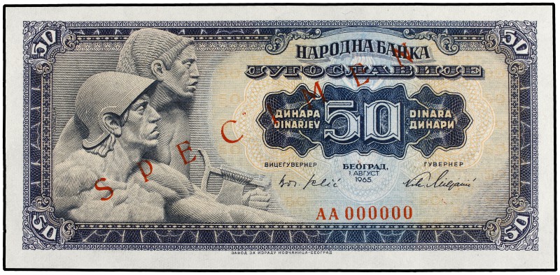 50 Dinara. 1 Abril 1965. YUGOSLAVIA. SPECIMEN. Numeración AA 000000. Pick-79s. S...