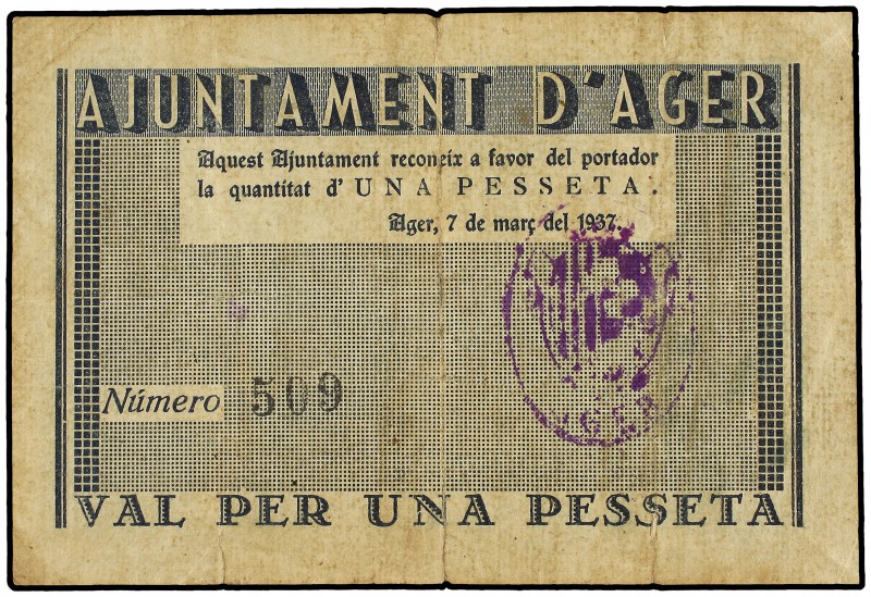 1 Pesseta. 7 Març 1937. Aj. d´AGER. (Algo sucio). ESCASO. AT-3. MBC .