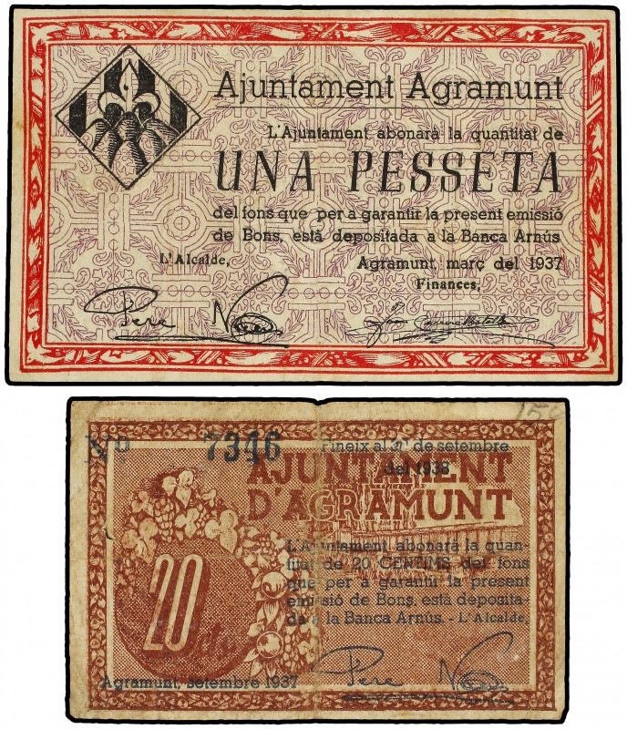 Lote 2 billetes 20 Cèntims y 1 Pesseta. Març y Setembre 1937. Aj. d´AGRAMUNT. AT...