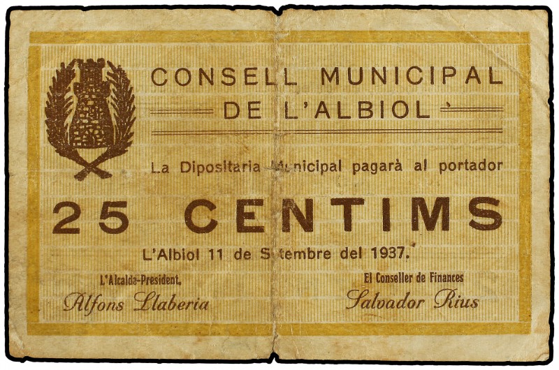 25 Cèntims. 11 Setembre 1937. C.M. de L´ALBIOL. (Pequeñas roturas en margen). AT...