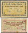 Lote 2 billetes 50 Cèntims y 1 Pesseta. 11 Juny 1937. C.M. d´ALCOVER. (Leves manchitas). AT-85, 86. MBC.