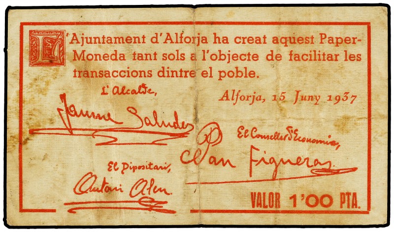 1 Pesseta. 15 Juny 1937. Aj. d´ALFORJA. (Pequeñas manchitas). AT-108. MBC+.