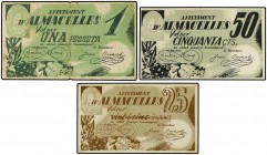 Lote 3 billetes 25, 50 Cèntims y 1 Pesseta. Octubre 1937. Aj. d´ALMACELLES. AT-115, 117. MBC+ a EBC-.