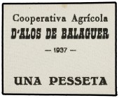 1 Pesseta. 1937. Cooperativa Agrícola d´ALÒS DE BALAGUER. Cartón. Turró cataloga como FALSO. T-174. SC-.