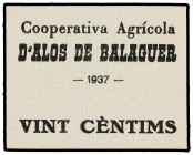 20 Cèntims. 1937. Cooperativa Agrícola d´ALÒS DE BALAGUER. Turro cataloga como FALSO. T-176. EBC+.