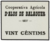 20 Cèntims. 1937. Cooperativa Agrícola d´ALÒS DE BALAGUER. Cartón. Turró cataloga como FALSO. T-176. EBC+.