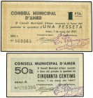 Lote 2 billetes 50 Cèntims y 1 Pesseta. 1 Maig 1937. C.M. d´AMER. Firmas del Conseller de Finances estampillada en violeta. AT-136a, 137a. MBC a MBC+....
