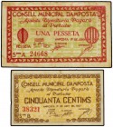 Lote 2 billetes 50 Cèntims y 1 Pesseta. 1 Juny 1937. C.M. d´AMPOSTA. (1 Pesseta, leves manchitas). AT-155, 156. MBC+.