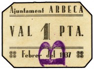 1 Pesseta. Febrer 1937. Aj. d´ARBECA. Cartón. AT-164F. EBC.
