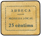25 Cèntims. Moneda Local ARBECA. Cartón. Impreso en azul. MUY ESCASO. AT-165. MBC+.