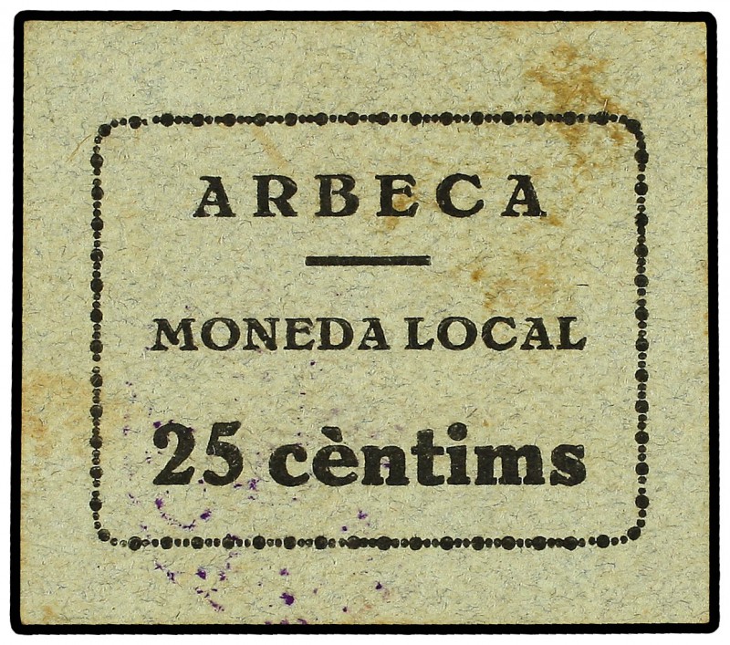 25 Cèntims. Moneda Local ARBECA. Cartón. Numeración manuscrita a tinta. (Leves m...