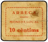 10 Cèntims. Moneda Local ARBECA. Cartón. Impreso en rojo. (Manchitas). ESCASO. AT-167. (MBC+).