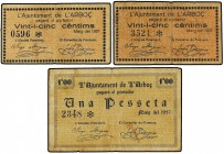 Lote 3 billetes 25 Cèntims (2) y 1 Pesseta. Maig 1937. Aj. de L´ARBOÇ. A EXAMINAR. AT-169/171. MBC- a MBC+.