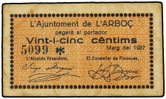 25 Cèntims. Maig 1937. Aj. de l´ARBOÇ. AT-171. EBC- .