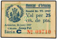 25 Cèntims. 26 Juny 1937. Municipi d´ARBÚCIES. Cartulina. AT-177. MBC+.