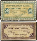 Lote 2 billetes 25 y 50 Cèntims. 20 Juny 1937. Aj. d´ARTESA DE LLEIDA. AT-230, 231. MBC- a MBC+.