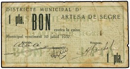 1 Pesseta. 10 Gener 1937. Districte Municipal d´ARTESA DE SEGRE. (Algo sucio. Pequeñas roturas). AT-232. MBC.