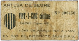25 Cèntims. 10 Gener 1937. Districte Municipal d´ARTESA DE SEGRE. (Sucio). ESCASO. AT-234. MBC.
