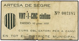 25 Cèntims. 10 Gener 1937. C.M. d´ARTESA DE SEGRE. (Manchas de tinta en margen inferior y pequeñas roturas). AT-234. MBC- .