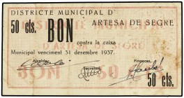 50 Cèntims. 31 Desembre 1937. Districte Municipal d´ARTESA DE SEGRE. (Leves manchitas). AT-236. MBC+.