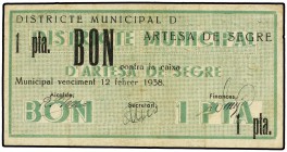 1 Pesseta. 12 Julio 1937. Districte Municipal d´ARTESA DE SEGRE. (Algo sucio). AT-237. MBC+.