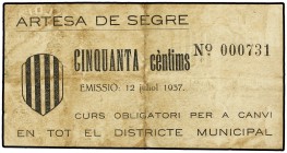 50 Cèntims. 12 Juliol 1937. C.M. d´ARTESA DE SEGRE. (Manchas). MBC+ .