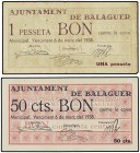 Lote 2 billetes 50 Cèntims y 1 Pesseta. 6 Març 1937. Aj. de BALAGUER. AT-273, 274a. MBC a EBC-.