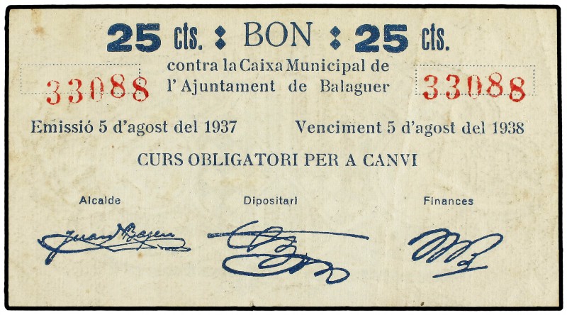 25 Cèntims. 5 Agost 1937. Aj. de BALAGUER. AT-277. MBC+.