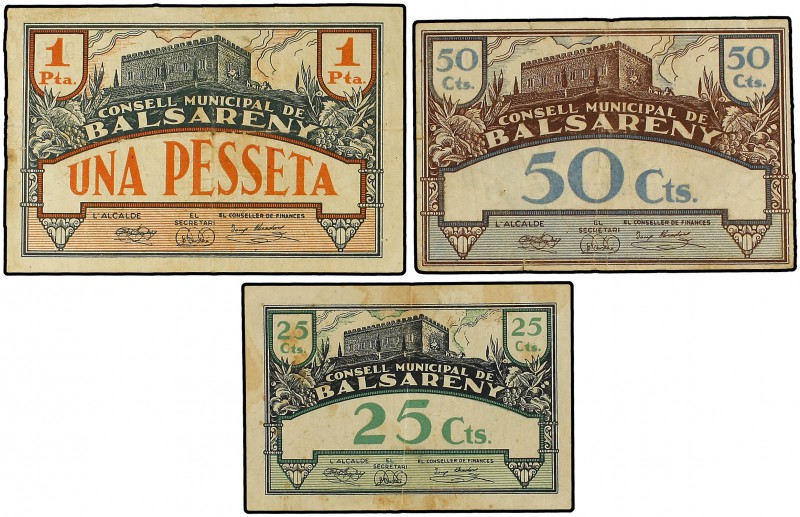 Lote 3 billetes 25, 50 Cèntims y 1 Pesseta. 16 Juliol 1937. C.M. de BALSARENY. (...