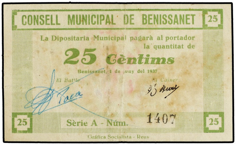 25 Cèntims. 1 Juny 1937. C.M. de BENISSANET. (Manchitas). MUY ESCASO. AT-418. MB...