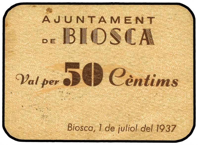 50 Cèntims. 1 Juliol 1937. Aj. de BIOSCA. Cartón. (Levísimas manchitas). ESCASO....