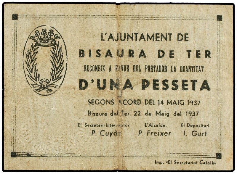 1 Pesseta. 14 Maig 1937. Aj. de BISAURA DE TER. (Leves roturas en margen). AT-44...