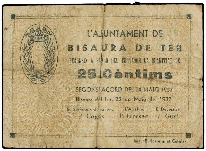 25 Cèntims. 14 Maig 1937. Aj. de BISAURA DE TER. (Roturas). AT-445. (MBC-).