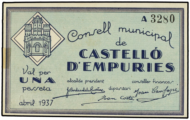 1 Pesseta. Abril 1937. C.M. de CASTELLÓ D´EMPÚRIES. (Pequeño resto de adhesivo e...