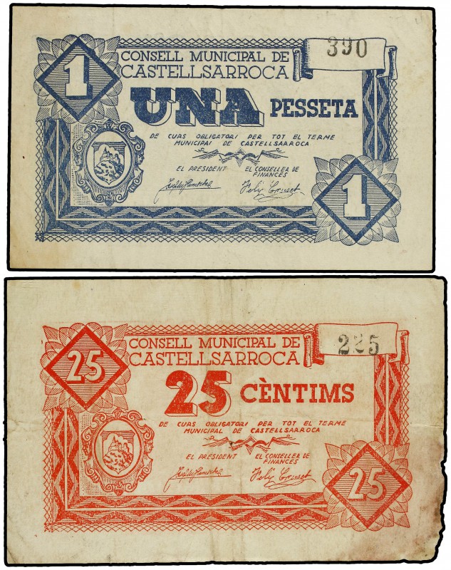 Lote 2 billetes 25 Cèntims y 1 Pesseta. C.M. de CASTELLSARROCA. AT-721, 762. EBC...