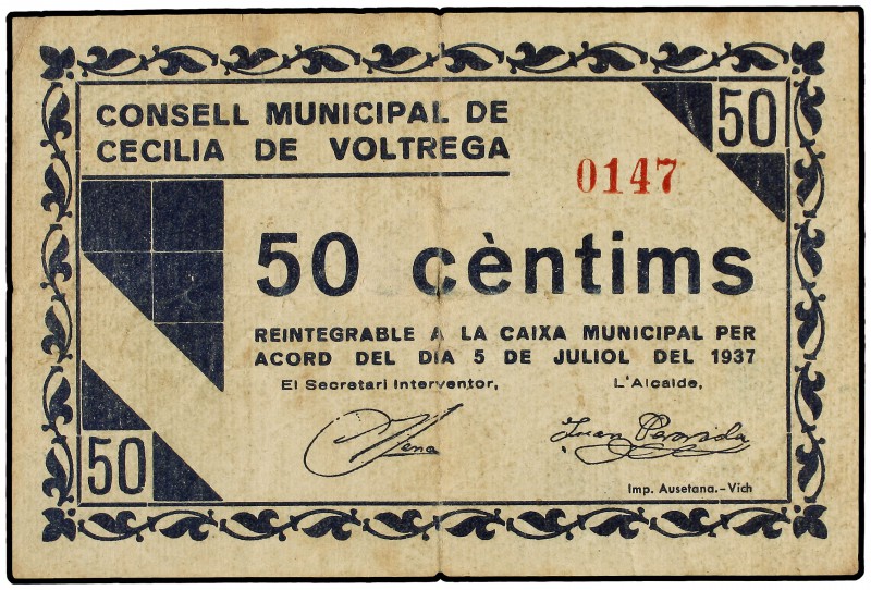 50 Cèntims. 5 Juliol 1937. C.M. de CECÍLIA DE VOLTREGÀ. RARO. AT-794. MBC.