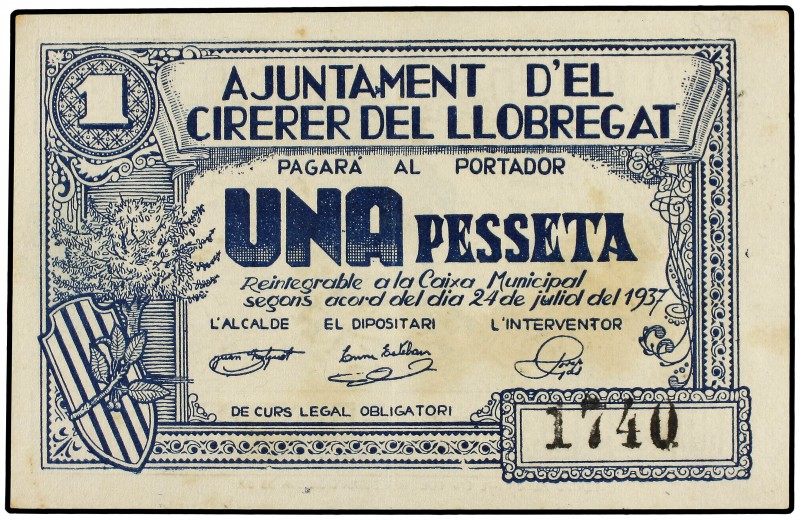 1 Pesseta. 24 Juliol 1937. Aj. de CIRERER DEL LLOBREGAT. (Leves manchitas). AT-8...