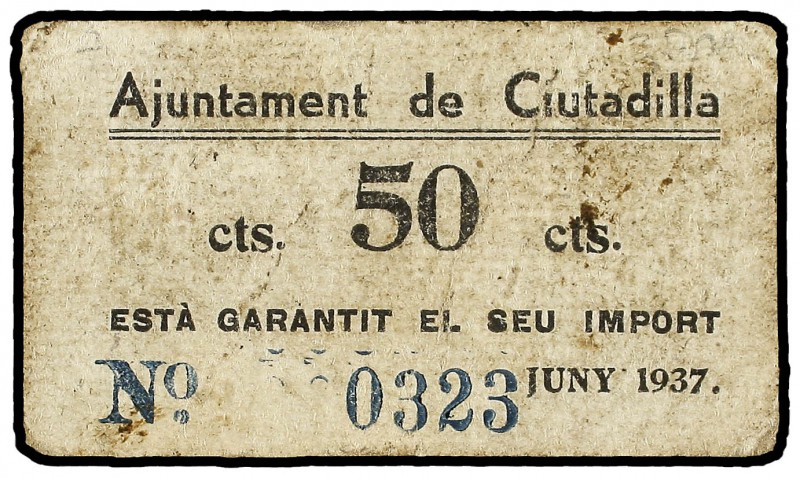 50 Cèntims. Juny 1937. Aj. de CIUTADILLA. Cartón. (Pequeñas manchitas). ESCASO. ...