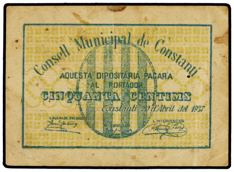 50 Cèntims. 20 Abril 1937. C.M. de CONSTANTÍ. (Pequeñas manchitas). AT-867. MBC+...