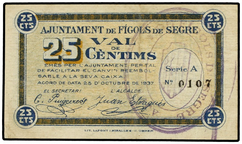 25 Cèntims. 25 Octubre 1937. Aj. de FÍGOLS DE SEGRE. AT-1005. EBC .