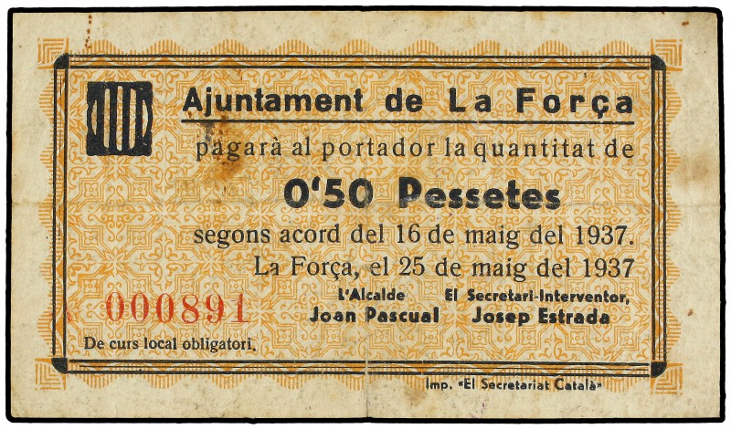 0,50 Pessetes. 16 Maig 1937. Aj. de LA FORÇA. AT-1040. MBC .