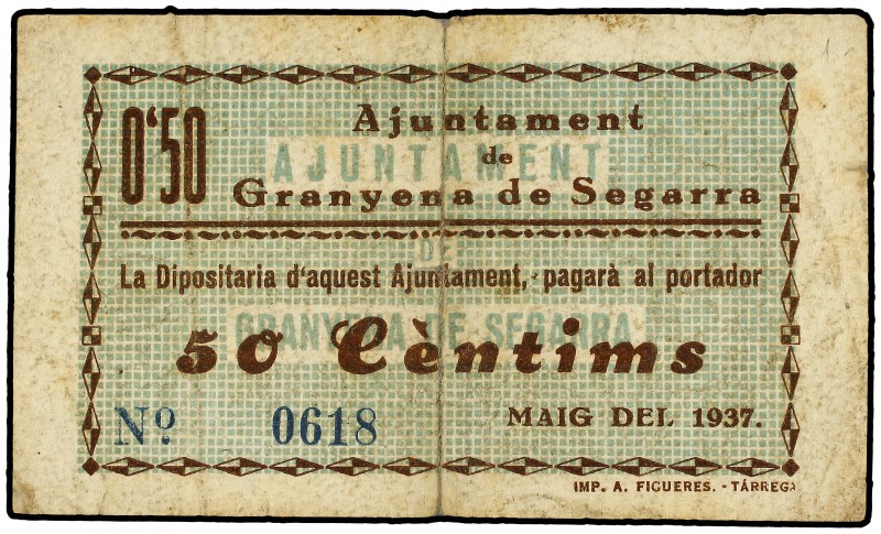 50 Cèntims. Maig 1937. Aj. de GRANYENA DE SEGARRA. (Roturas. Reparado en el cent...