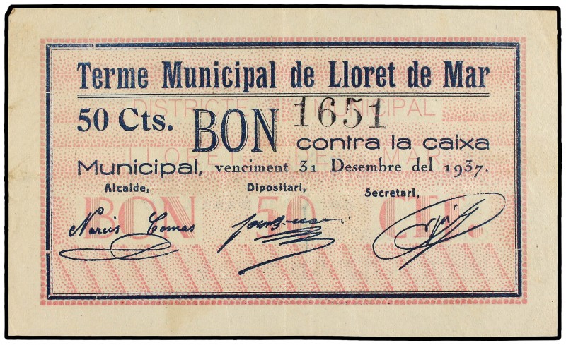 Bono 50 Cèntims. 30 Abril 1937. Terme Municipal de LLORET DE MAR. (Restos de cin...