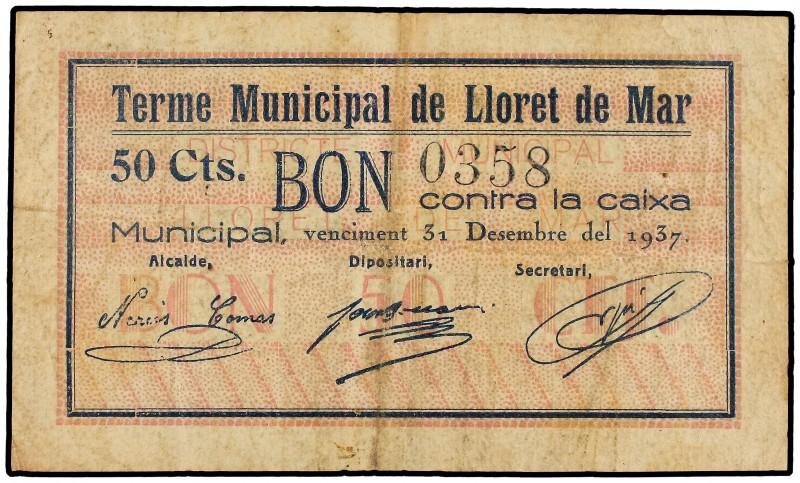 Bon 50 Cèntims. 30 Abril 1937. Terme Municipal de LLORET DE MAR. ESCASO. AT-1374...