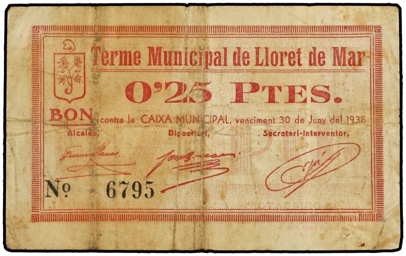 0,25 Pessetes. 17 Setembre 1937. Aj. de LLORET DE MAR. (Esquina reparada). AT-13...