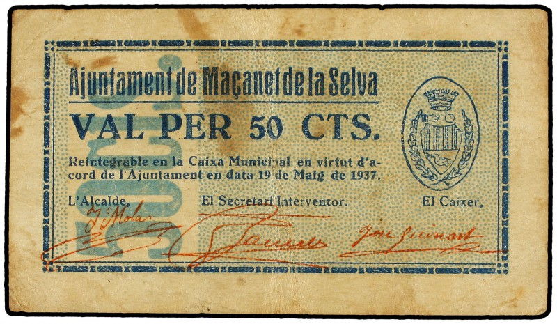 50 Cèntims. 19 Maig 1937. Aj. de MAÇANET DE LA SELVA. ESCASO. AT-1390. MBC- .