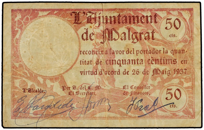 50 Cèntims. 26 Maig 1937. Aj. de MALGRAT. AT-1408. MBC.