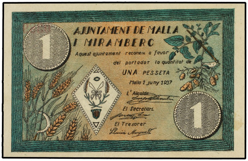 1 Pesseta. 1 Juny 1937. Aj. de MALLA I MIRAMBERC. ESCASO. AT-1415a. SC.