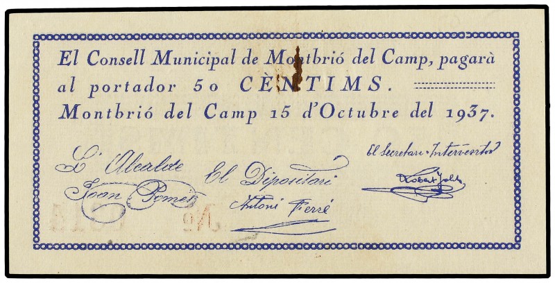 50 Cèntims. 15 Octubre 1937. C.M. de MONTBRIÓ DEL CAMP. (Pequeños restos de óxid...